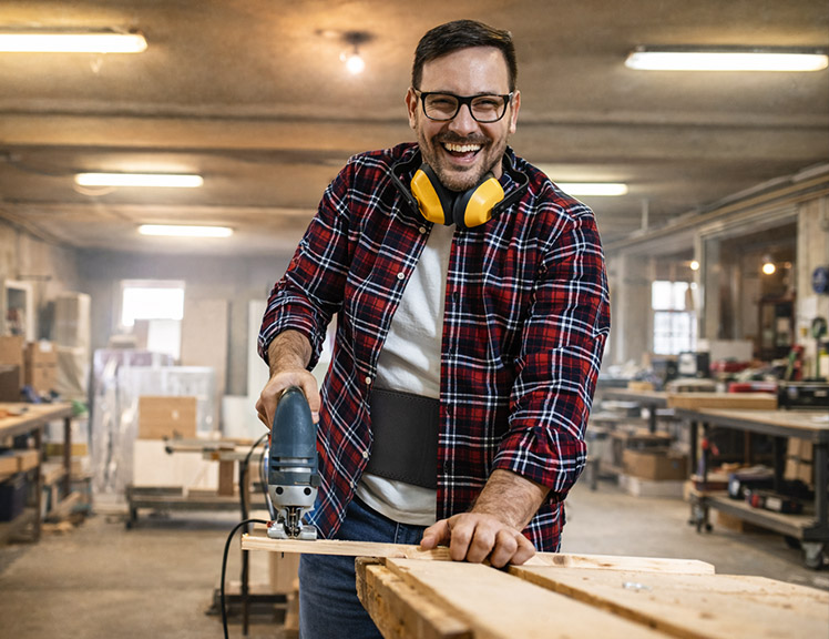Man working happily in his workshop thanks to Copper Compression Back Brace