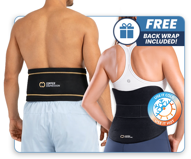 Main and woman both showcasing wearing Copper Compression Back Brace, Free Back Wrap Included